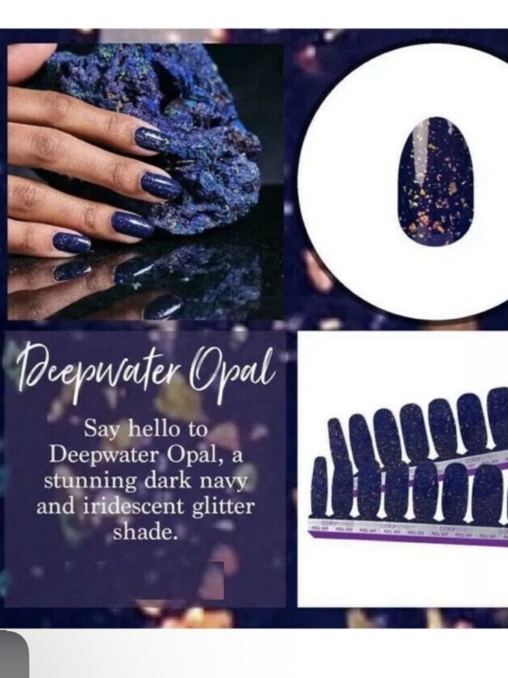 Color Street Deepwater Opal FMG193 Navy with multi color glitter 16 pcs NIP